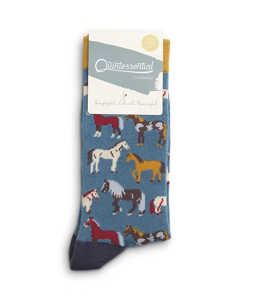 Pack of socks with horse pattern on a blue background, by Quintessential.
