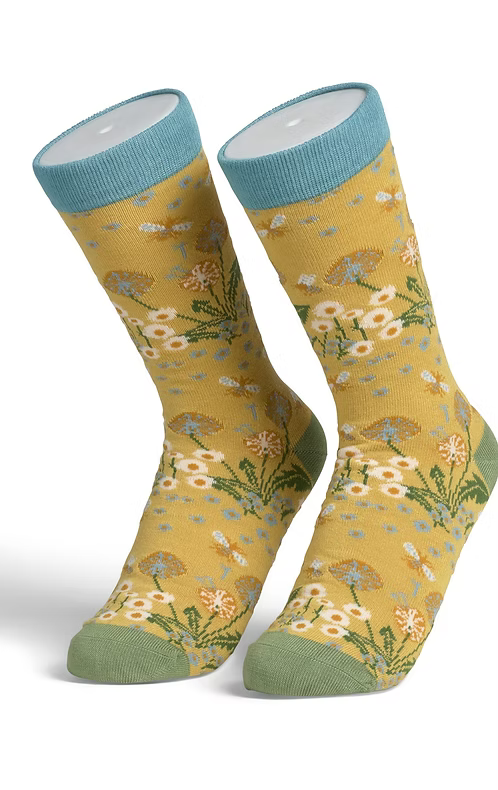 Pair of yellow socks with floral and bee pattern