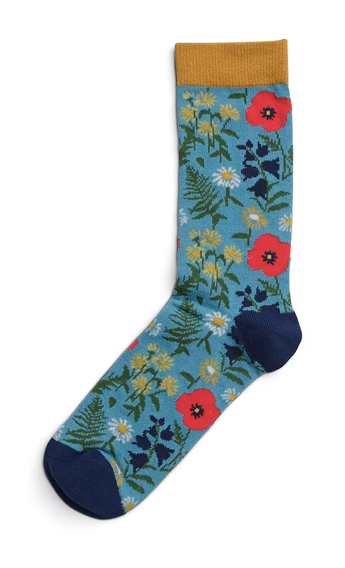 Floral-patterned sock with a blue background