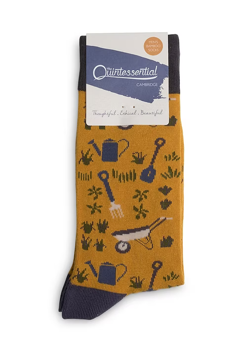 Orange sock with gardening-themed design by Quintessential Cambridge