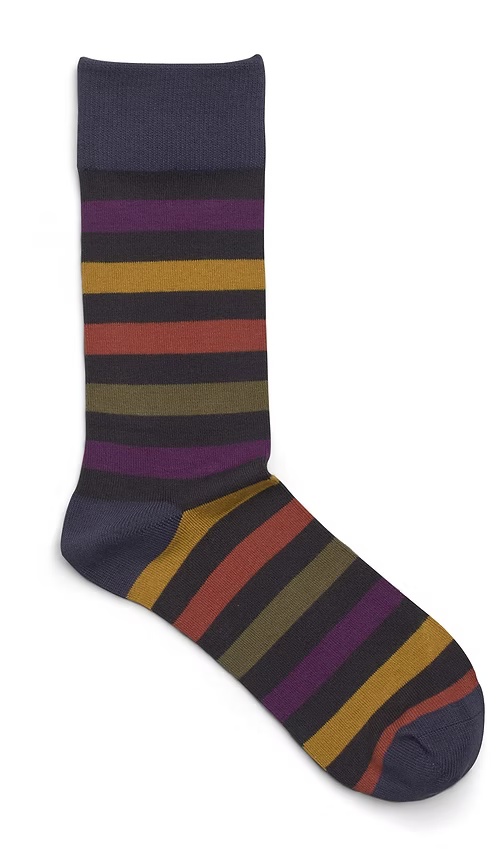 Striped sock with purple, orange, and brown colors.