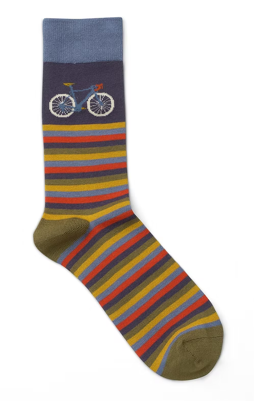 Striped sock with a bicycle design on them