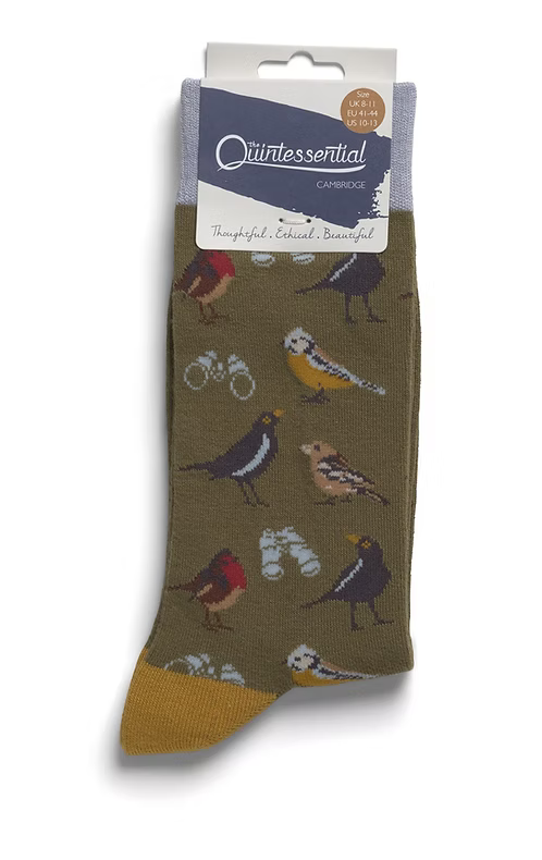 Pair of socks with bird pattern by Quintessential Cambridge.