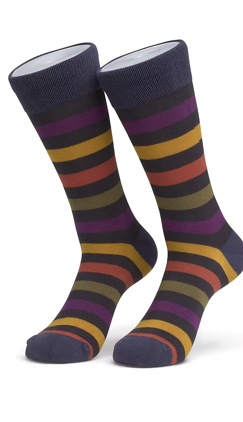 Pair of striped socks with a dark blue top and purple, orange, and yellow stripes.