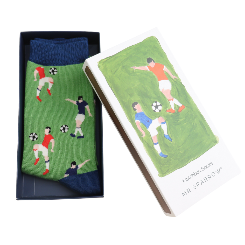 football theme bamboo socks in a matchbox style gift box
