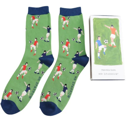 football theme bamboo socks in a matchbox style gift box