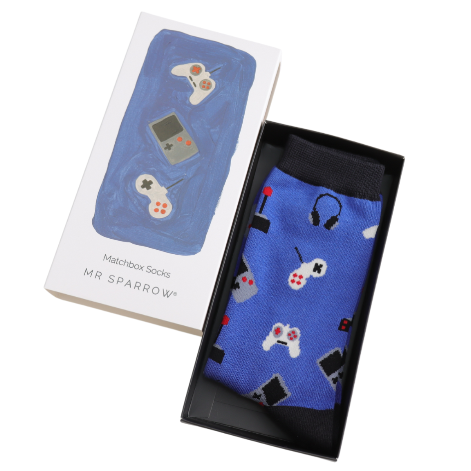 gaming theme bamboo socks in a matchbox style gift box