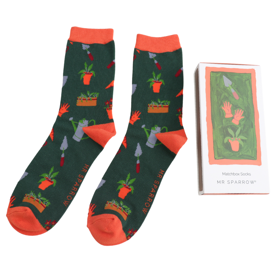 bamboo sock gift box with garden tools theme
