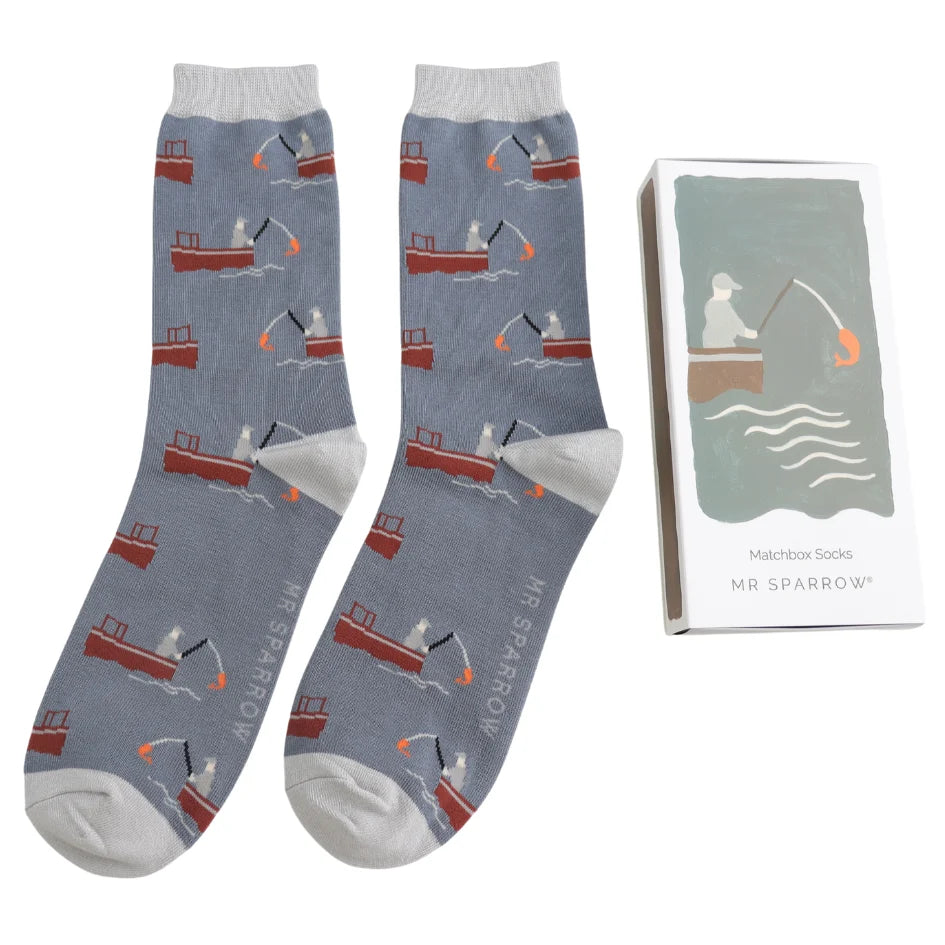fishing theme bamboo socks in a matchbox style gift box y Mr Sparrow