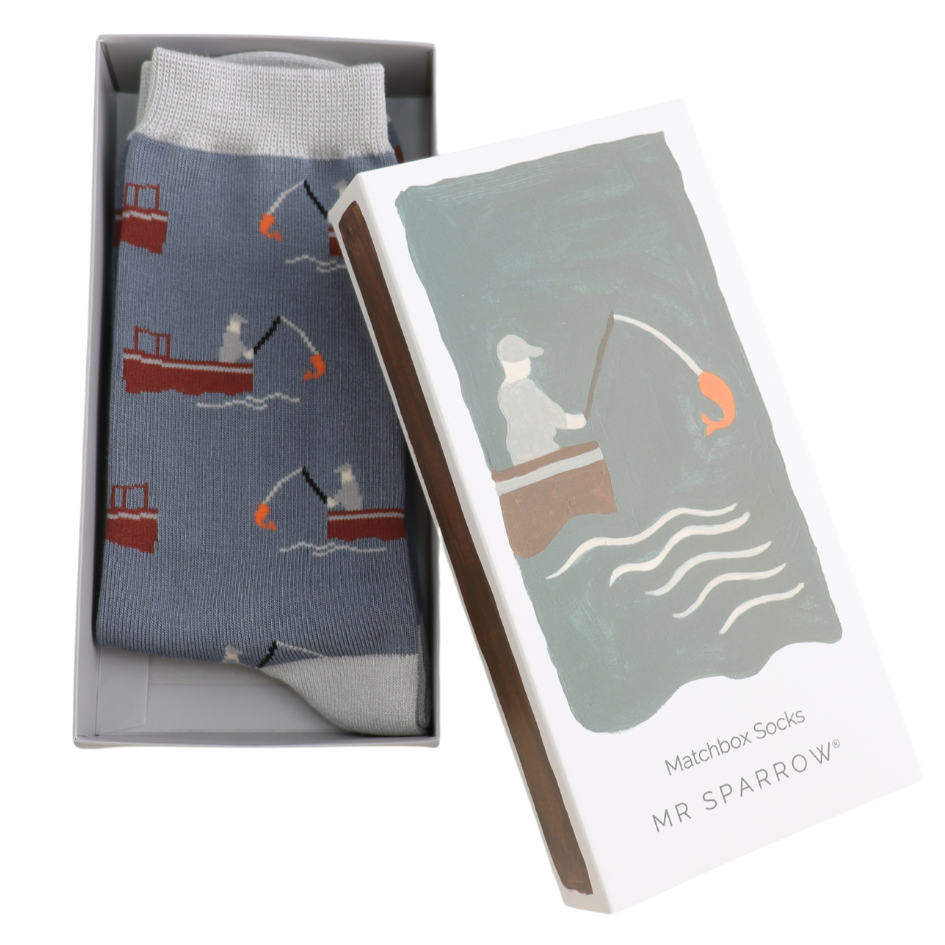 fishing theme bamboo socks in a matchbox style gift box y Mr Sparrow