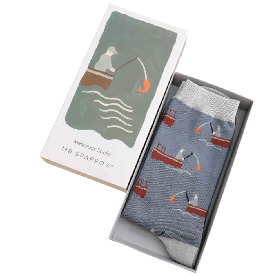 fishing theme bamboo socks in a matchbox style gift box y Mr Sparrow