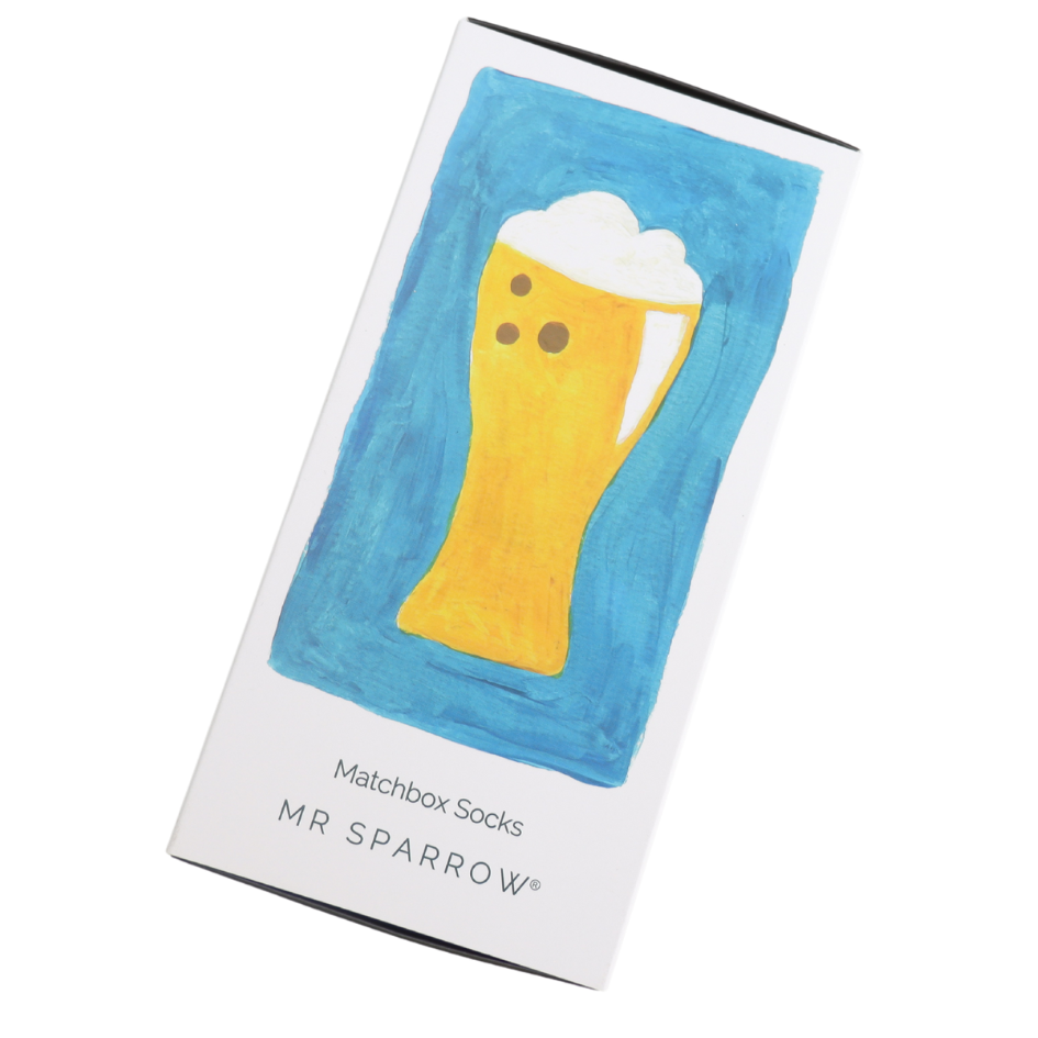 beer theme bamboo socks in a matchbox style gift box by Mr Sparrow