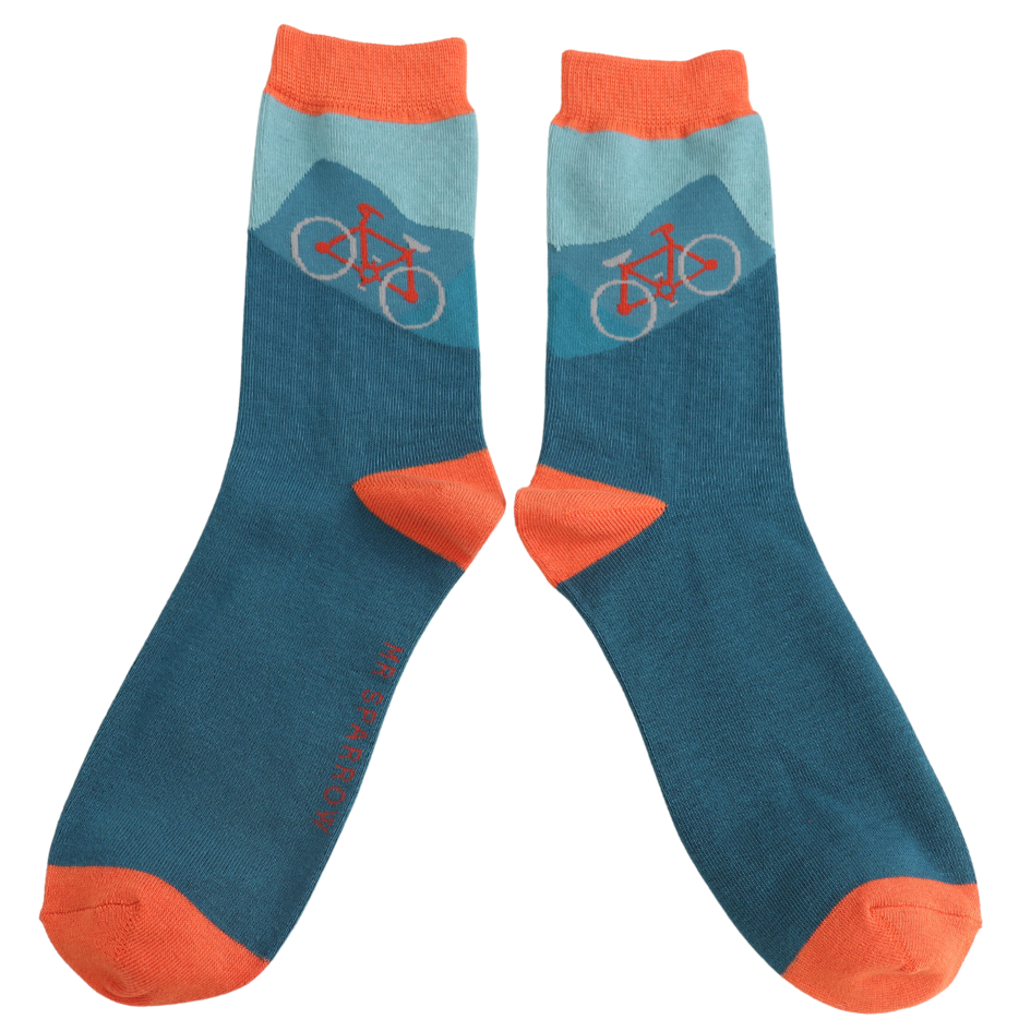 cycling theme bamboo socks in a matchbox style gift box by Mr Sparrow