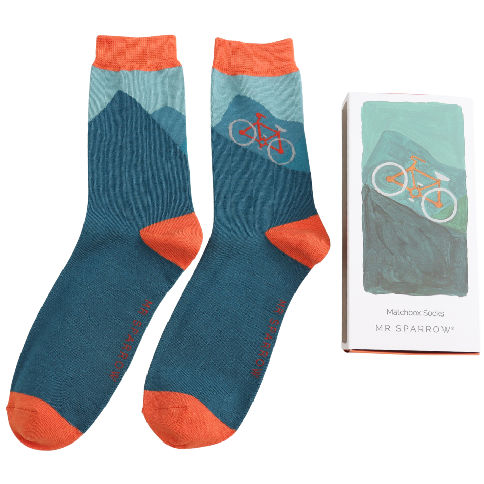 cycling theme bamboo socks in a matchbox style gift box by Mr Sparrow