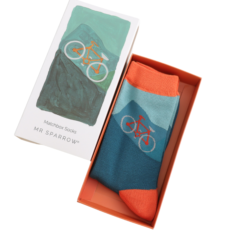 cycling theme bamboo socks in a matchbox style gift box by Mr Sparrow