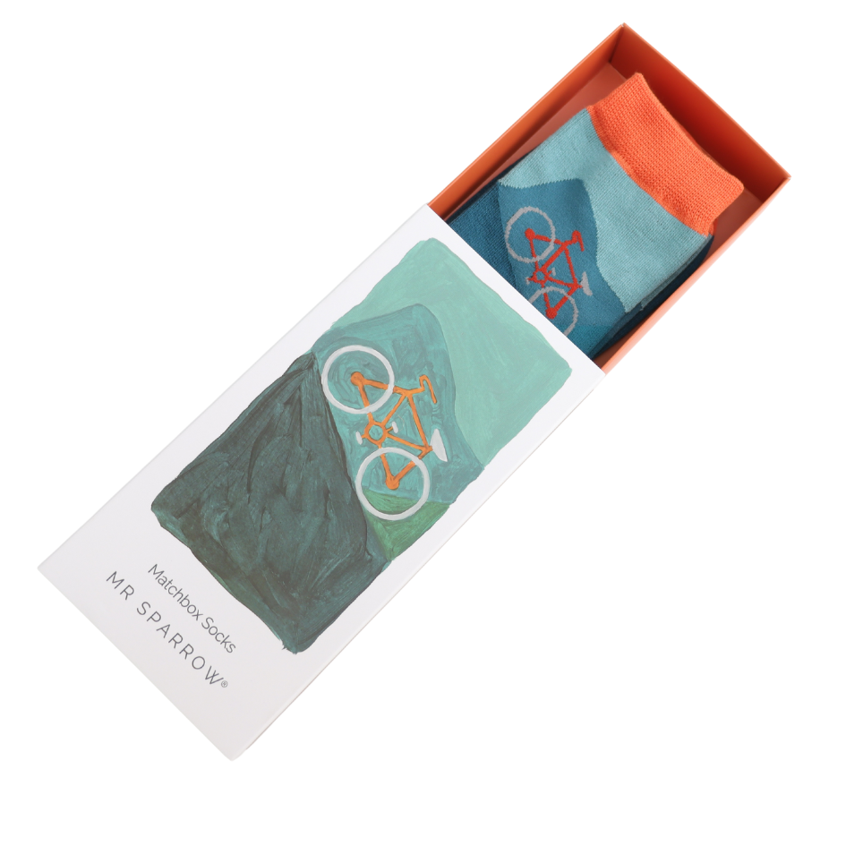 cycling theme bamboo socks in a matchbox style gift box by Mr Sparrow