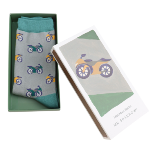 motorbike theme bamboo socks in a matchbox style gift box
