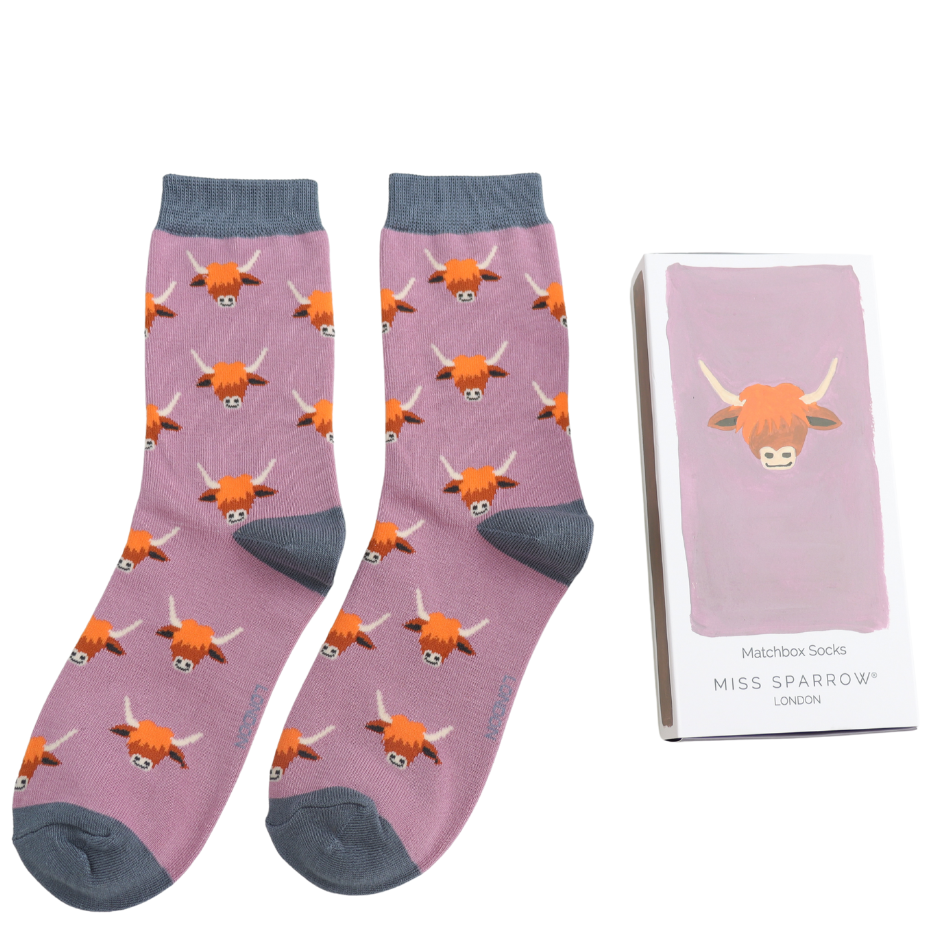 highland cow bamboo matchbox socks by Miss sparrow