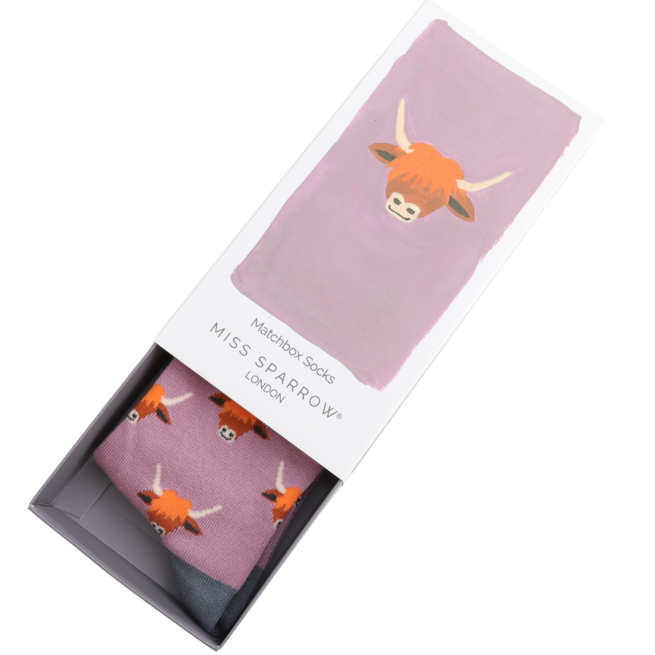 highland cow bamboo matchbox socks by Miss sparrow