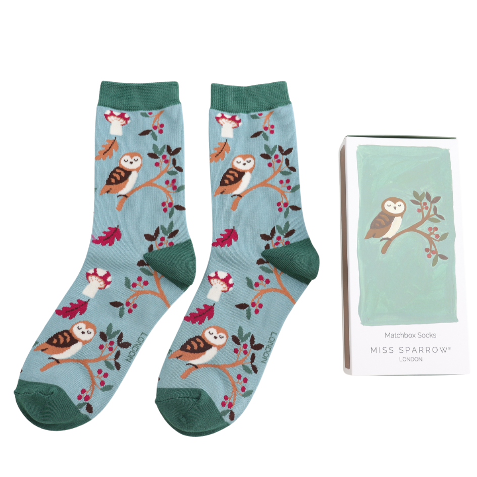 bamboo matchbox socks with owl theme by Miss Sparrow