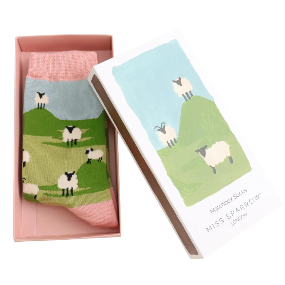 matchbox gift bamboo socks with sheep theme by Miss Sparrow
