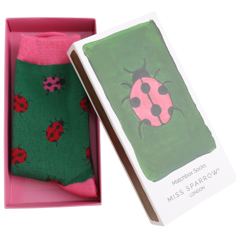 ladybug theme bamboo socks in a matchbox style gift box