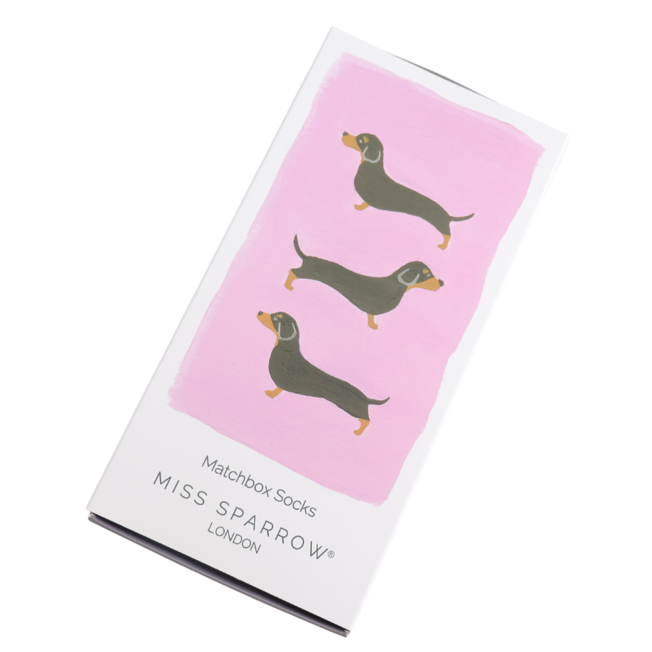 matchbox bamboo socks with a sausage dog theme by Miss Sparrow