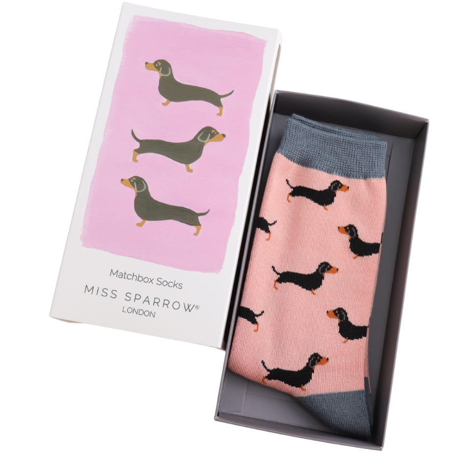 matchbox bamboo socks with a sausage dog theme by Miss Sparrow