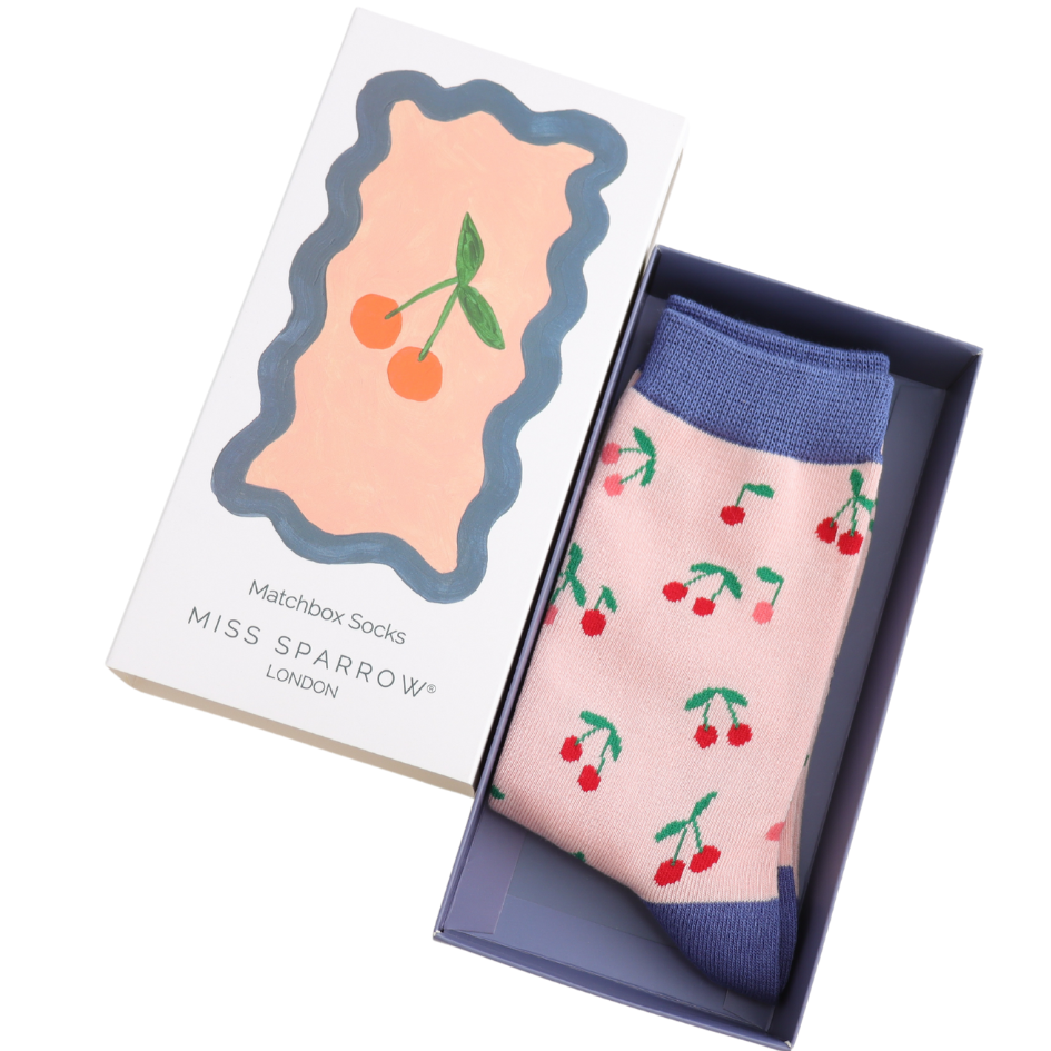 cherry theme bamboo socks in a matchbox style gift box