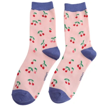 cherry theme bamboo socks in a matchbox style gift box