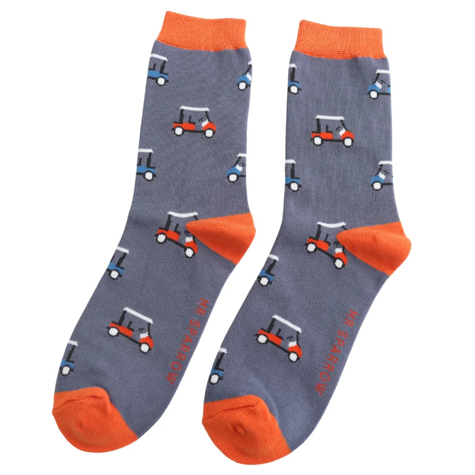 Pair of socks with golf cart pattern in grey