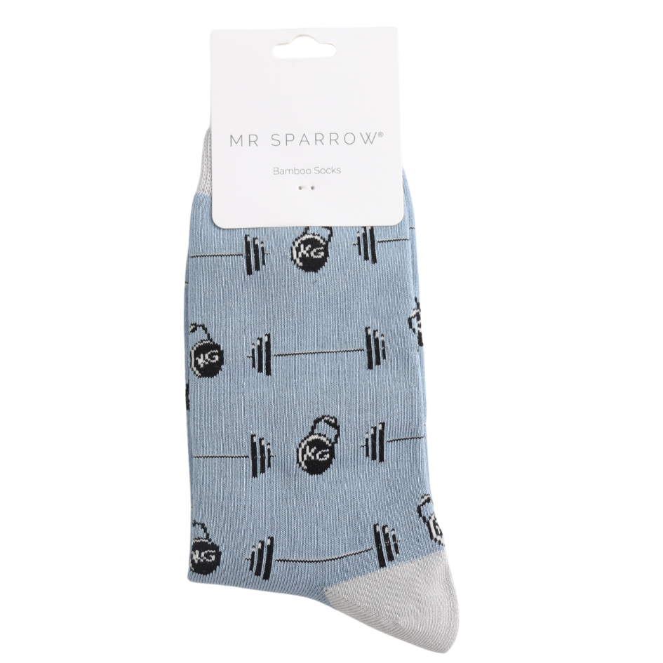 sky blue bamboo socks with a weightlifting theme
