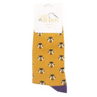 Yellow bamboo socks with bee pattern and purple accents