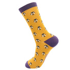 Yellow bamboo socks with bee pattern and purple accents