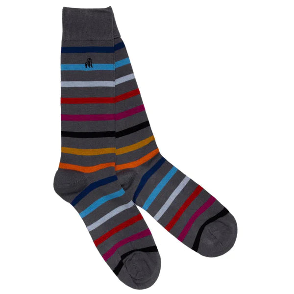 Grey bamboo socks with navy, blue, red, pink, black, yellow and orange stripes. Featuring swole panda logo above ankle