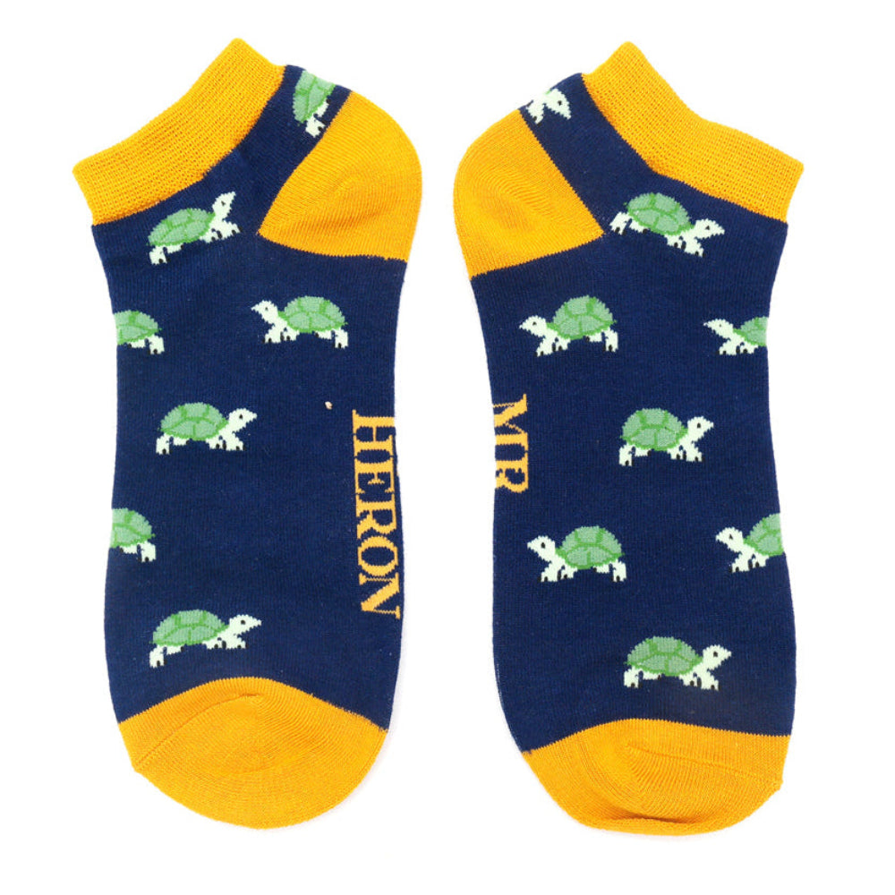 Mr Heron Bamboo Trainer Socks with green turltes on blue socks with yellow toes and heel