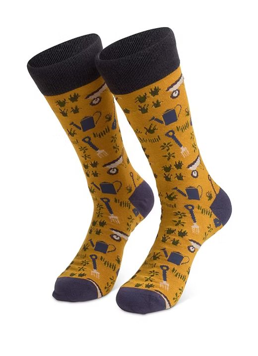 Pair of socks with gardening-themed design.