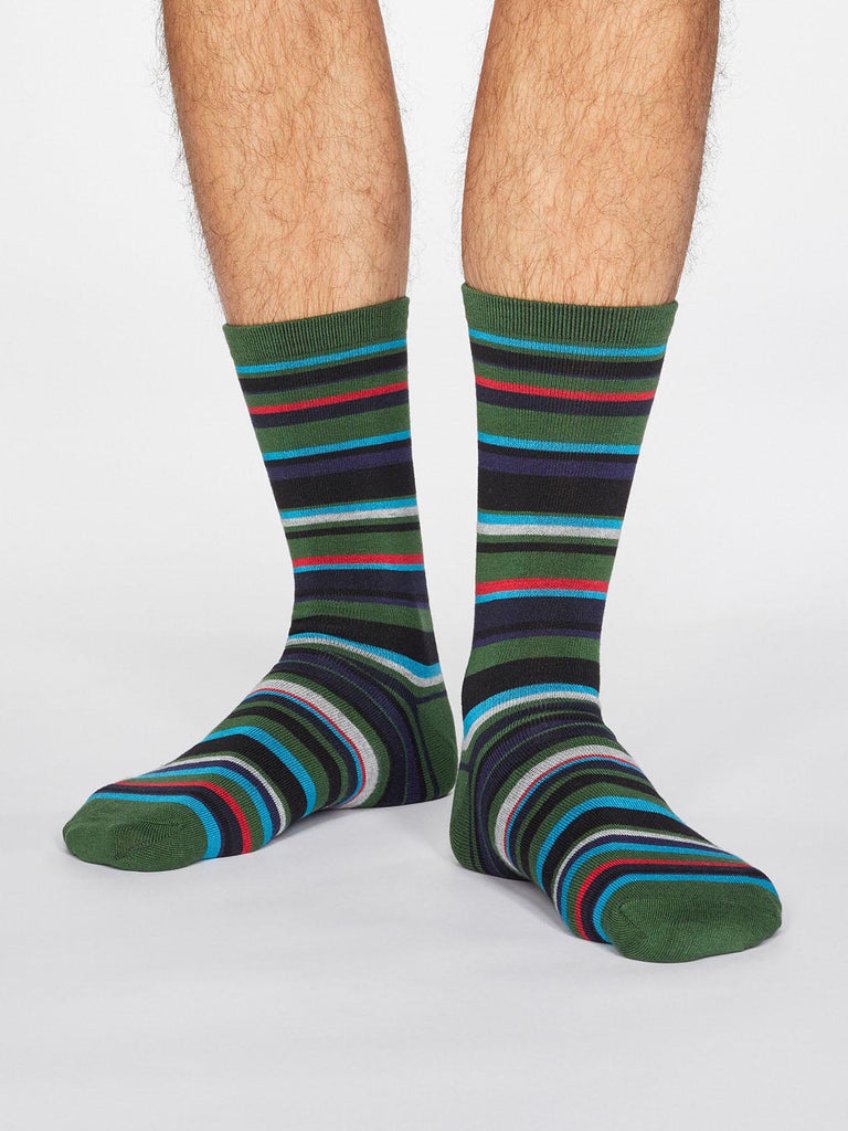 Braxton Striped Bamboo and Organic Cotton Blend Socks in Olive Green by Thought-bamboofeet