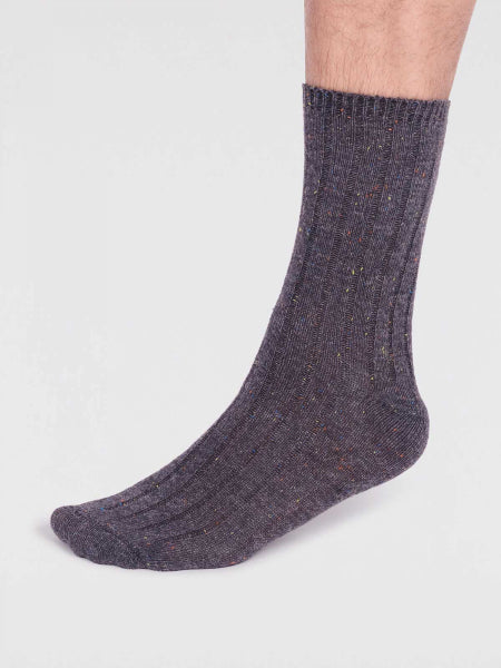 Side view of super soft premium quality wool socks in grey with multic-coloured specks