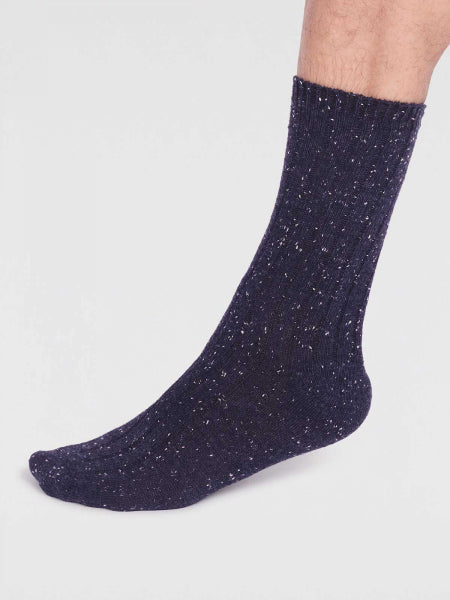 Side view of super soft premium quality wool socks in navy with multic-coloured specks