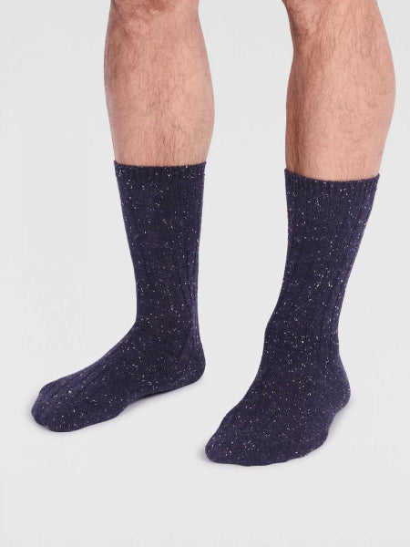Front view of super soft premium quality wool socks in navy with multic-coloured specks