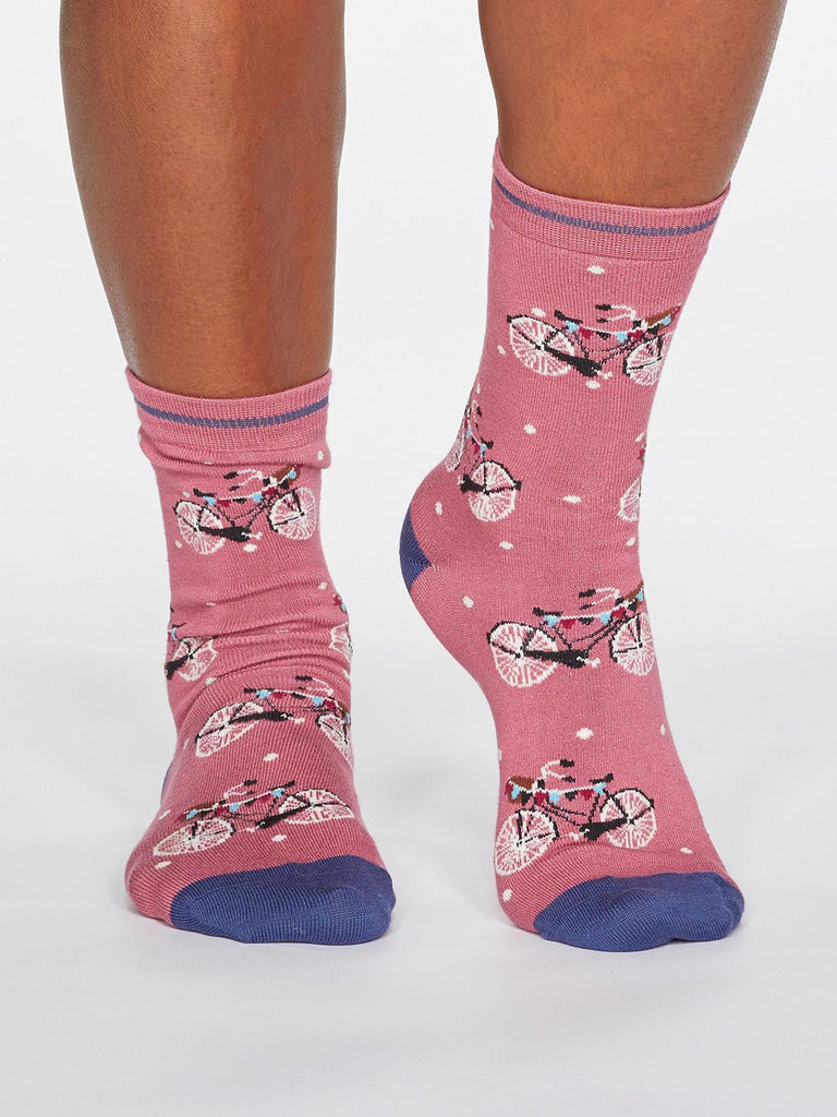 Gladys Spotty Bicycle Bamboo Organic Cotton Blend Socks in Dark Rose Pink by Thought-bamboofeet