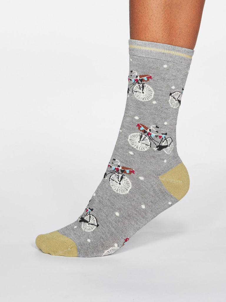 Gladys Spotty Bicycle Bamboo Organic Cotton Blend Socks in Grey Marle by Thought-bamboofeet