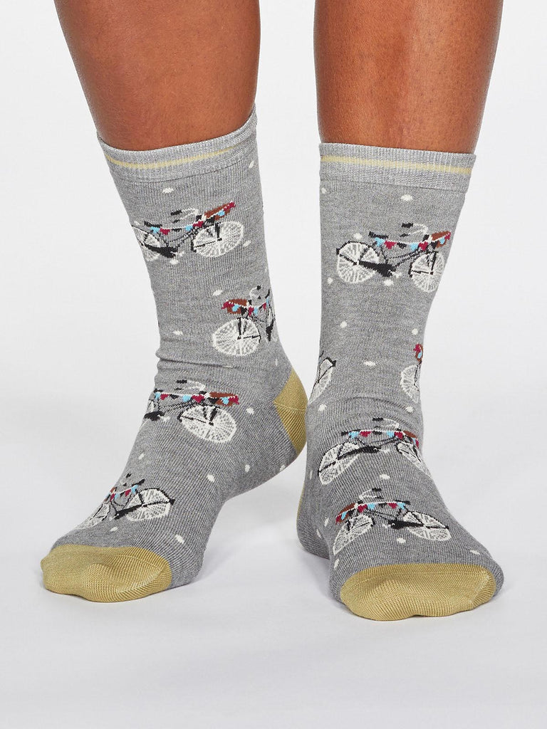 Gladys Spotty Bicycle Bamboo Organic Cotton Blend Socks in Grey Marle by Thought-bamboofeet