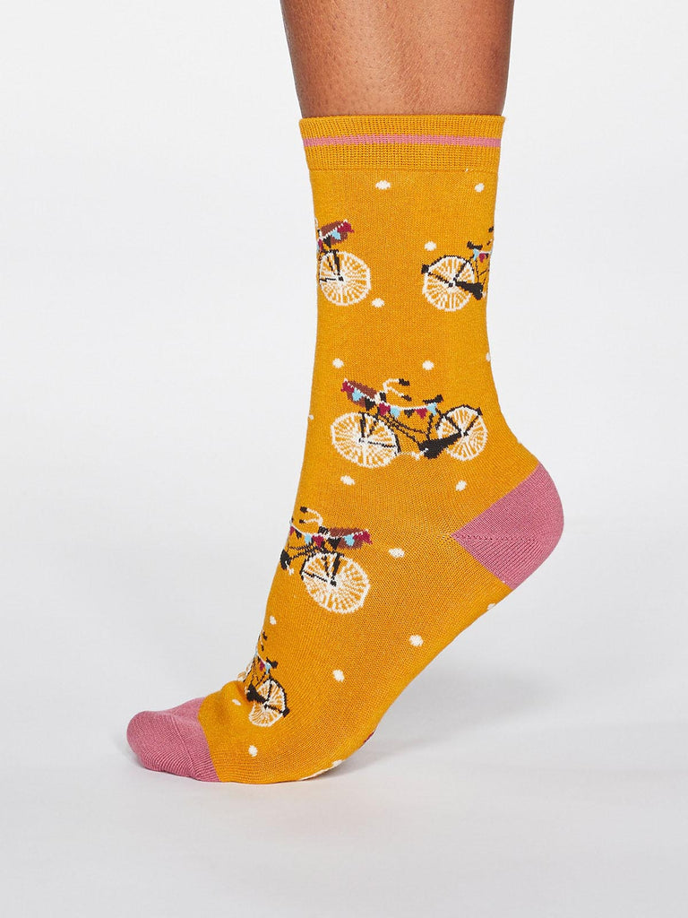 Gladys Spotty Bicycle Bamboo Organic Cotton Blend Socks in Sunflower Yellow by Thought-bamboofeet