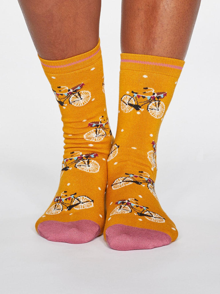 Gladys Spotty Bicycle Bamboo Organic Cotton Blend Socks in Sunflower Yellow by Thought-bamboofeet