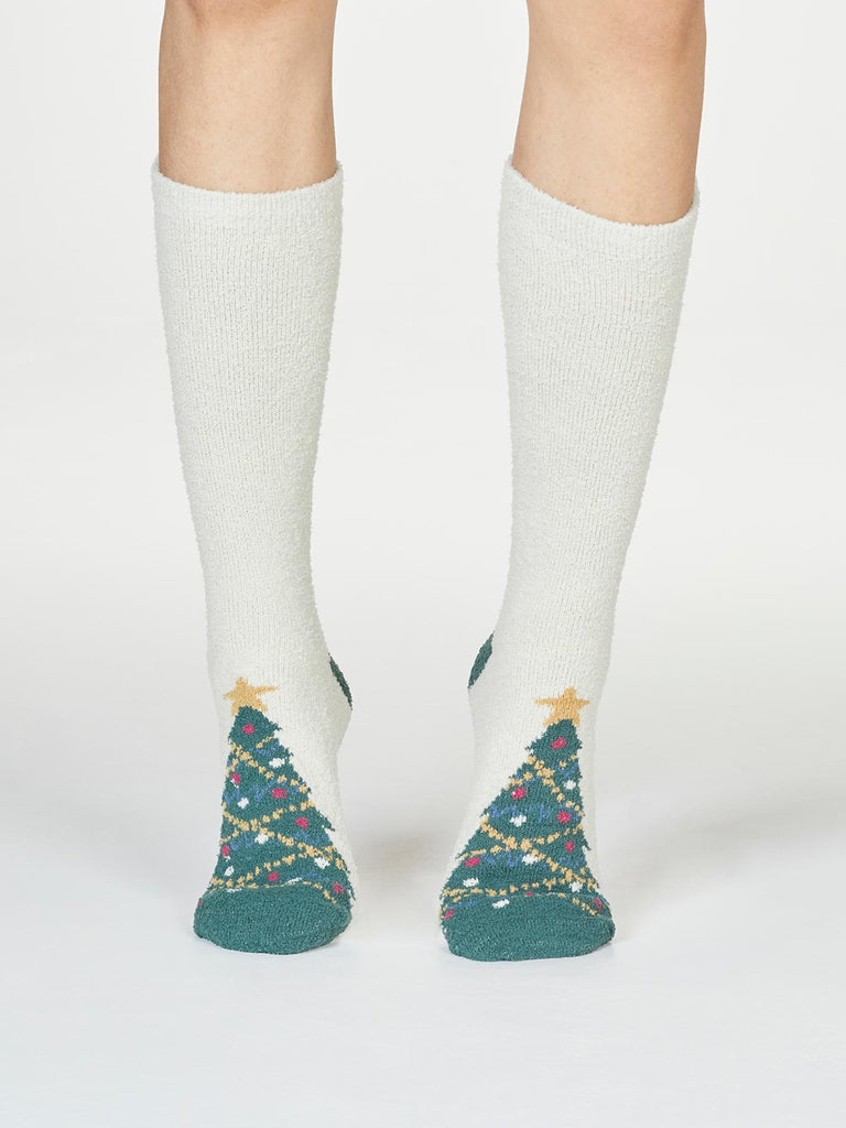 Soft fuzzy polyester under the knee high christmas tree sock in white and green