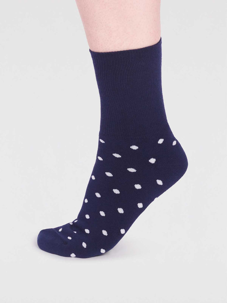 Navy blue thick organic cotton socks with white polka dots