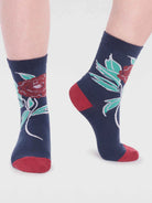 Navy socks with rose pattern