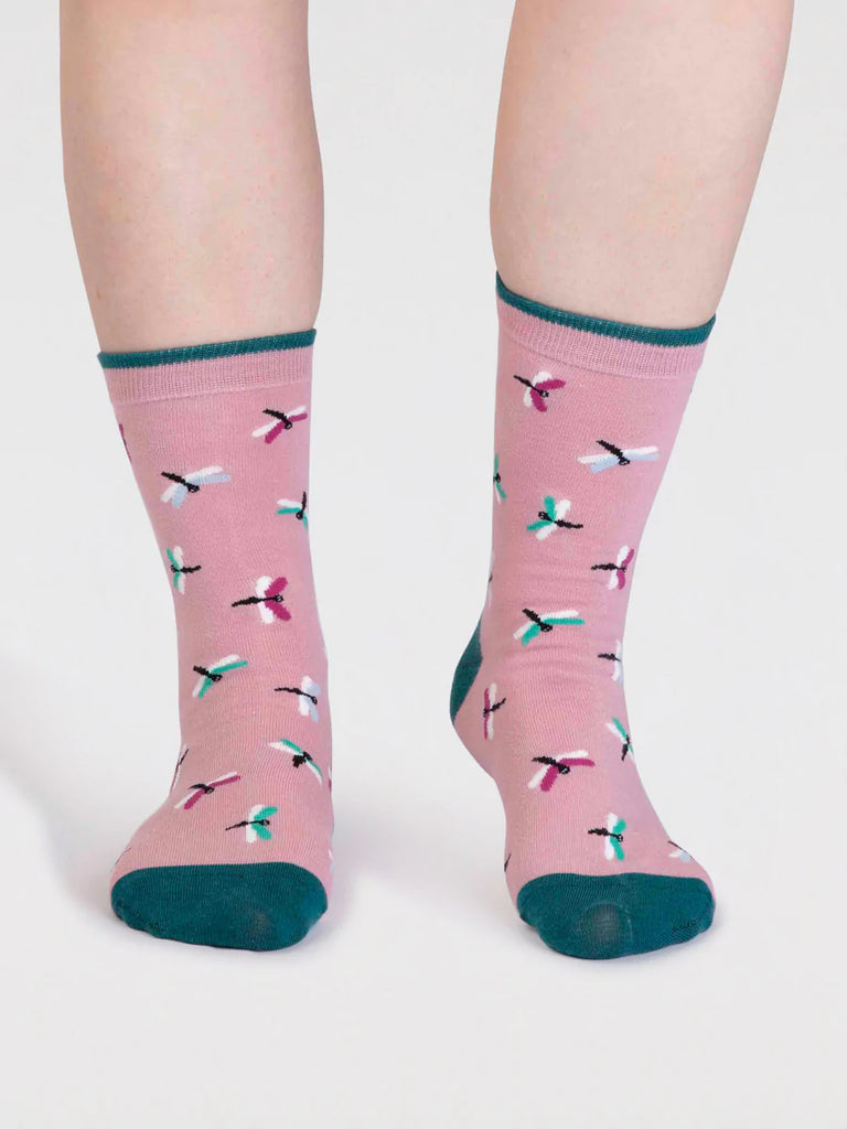 Super soft organic cotton petal pink socks with dragon fly print and pink toe heel contrast